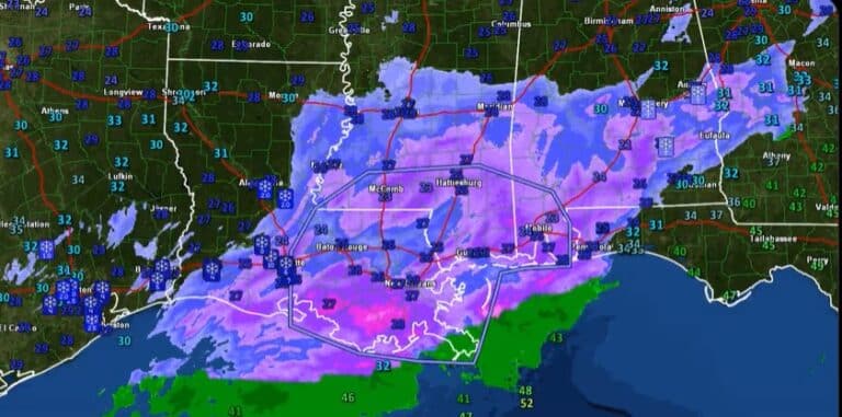 Weather radar over New Orleans during the snow storm