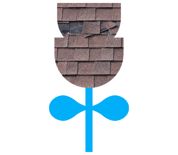 Damaged and curled roof shingles from winter weather.