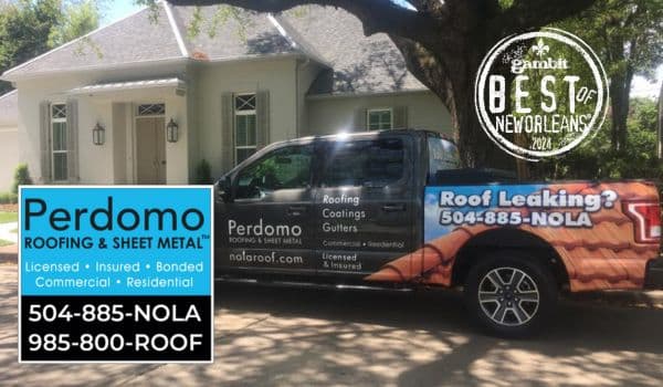 Perdomo Roofing truck parked outside a client's home