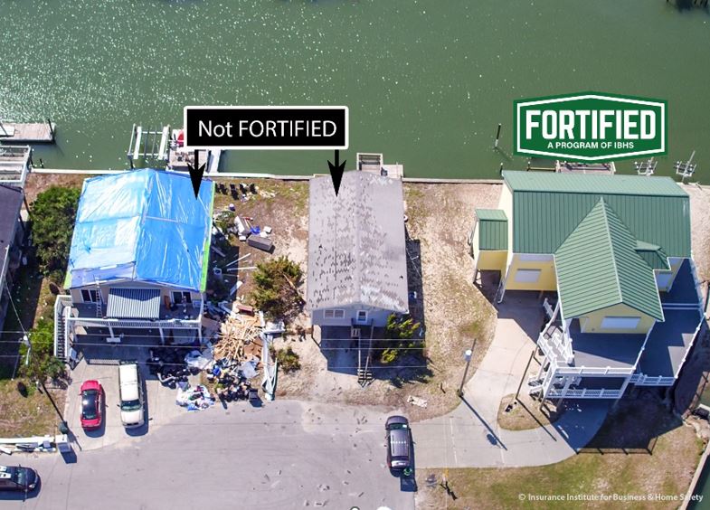 Ariel photo example of a FORTIFIED roof vs. a not FORTIFIED roof
